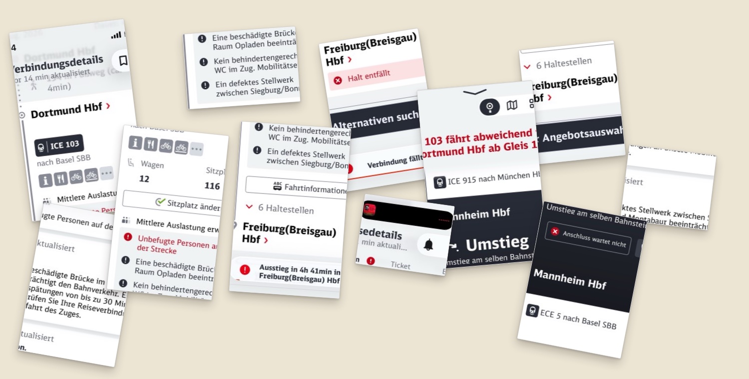Horizontale Bildreihe aus sechs DB-App-Screenshots, die die wachsende Verspätung von 07:14 bis 12:52 Uhr dokumentieren.